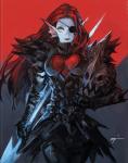 abstract_background anthro armor biped blue_body blue_skin breasts clothed clothing eye_patch eyewear female hair headgear helmet long_hair looking_at_viewer melee_weapon non-mammal_breasts polearm red_hair slit_nostrils solo spear standing weapon opiu undertale undertale_(series) undyne undyne_the_undying fish marine 2016 animated short_playtime