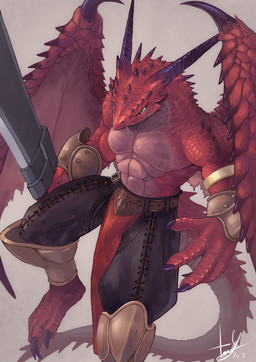 abs anthro armor belt black_horn black_spikes bottomwear bracelet bracers clothed clothing countershading green_eyes head_spikes holding_melee_weapon holding_object holding_sword holding_weapon horn jewelry male melee_weapon membrane_(anatomy) membranous_wings muscular muscular_anthro muscular_male pants pecs pupils red_body red_scales scales slit_pupils solo spikes spikes_(anatomy) sword tail topless topless_anthro weapon wings tessy mythology dragon mythological_creature mythological_scalie scalie 2017 dated digital_media_(artwork) hi_res signature