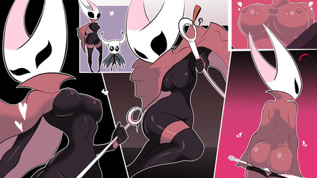 2_horns 5_fingers ambiguous_gender biped black_body black_eyes breasts butt clothed clothing duo empty_eyes exclamation_point female fingers heart_symbol holding_melee_weapon holding_object holding_weapon horn melee_weapon nipple_outline pose question_mark skimpy standing weapon throbo hollow_knight_(franchise) team_cherry hornet_(hollow_knight) the_knight_(hollow_knight) arachnid arthropod spider vessel_(species) 16:9 2026 2d_animation animated frame_by_frame hi_res widescreen half_sister_(lore) sibling_(lore) sister_(lore)