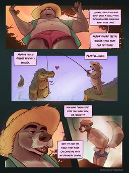 anthro aroused aroused_by_another aroused_face aroused_male aroused_smile balls bottomwear brown_body bulge clothed clothing detailed_bulge dialogue dressing_up erection erection_under_clothing feet fishing fishing_rod flaccid foreskin fur genital_outline genitals green_body hat hat_only headgear headgear_only headwear headwear_only holding_fishing_rod holding_object humanoid_genitalia humanoid_penis jewelry low-angle_view male male/male mostly_nude muscular muscular_anthro muscular_male navel no_underwear nude open_clothing open_mouth open_shirt open_topwear outdoor_nudity outside overweight partially_submerged pecs pendant penis penis_outline penis_poking_out plant shirt shorts slightly_chubby slightly_chubby_anthro slightly_chubby_male smile speech_bubble standing tail teeth tenting text toes topless topless_anthro topless_male topwear tree underwear water timberdonk mr._bennett_(timberdonk) rhys_(timberdonk) alligator alligatorid bear crocodilian mammal procyonid raccoon reptile scalie 3:4 comic digital_media_(artwork) english_text hi_res