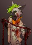 alternative_fashion anthro blood bodily_fluids clothed clothing gore guts intestines looking_at_viewer male organs punk simple_background smile smirk solo topless ikazu hyena mammal striped_hyena