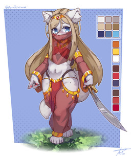 anthro biped black_nose blonde_hair blue_eyes bottomwear breasts chest_tuft clothed clothing cute_fangs eyebrows fangs female fluffy fluffy_tail front_view fur hair harem_outfit harem_pants holding_melee_weapon holding_object holding_sword holding_weapon inner_ear_fluff loincloth long_hair melee_weapon midriff pants red_bottomwear red_clothing red_pants red_sleeves simple_background small_breasts solo standing sword tail teeth translucent translucent_clothing tuft veil weapon white_body white_fur white_inner_ear_fluff young young_anthro young_female xperimentss canid canine canis domestic_dog mammal molosser 2025 absurd_res hi_res model_sheet