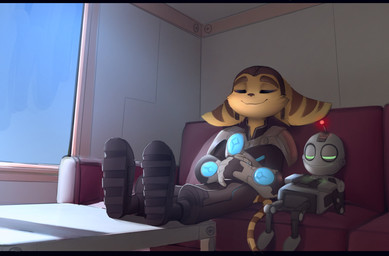 ambiguous_gender anthro boots clothed clothing duo eyes_closed footwear fur furniture gloves handwear holoflux_armor machine male markings pink_nose ring_(marking) ringed_tail shoes sofa striped_markings striped_tail stripes tail tail_markings thin_tail yellow_body yellow_fur time_fluffy500 ratchet_and_clank sony_corporation sony_interactive_entertainment clank_(ratchet_and_clank) ratchet_(ratchet_and_clank) lombax mammal robot hi_res