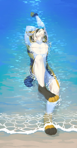 anthro blue_eyes blue_hair cheek_tuft facial_tuft feet front_view fur hair leg_markings leg_tuft lying male markings mouth_closed multicolored_hair nude on_back partially_submerged socks_(marking) solo toeless_(marking) tuft two_tone_hair unsigned water water_ripple whiskers white_body white_fur white_hair yellow_body yellow_fur yellow_toes corzh77 felid feline lynx mammal absurd_res full-length_portrait hi_res portrait