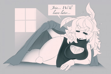 antennae_(anatomy) anthro bed big_breasts breasts cleavage cleavage_cutout clothed clothing cutout eyes_closed female furniture groggy hair lying on_side solo tired topwear under_covers kayptid arthropod insect lepidopteran moth hi_res monochrome