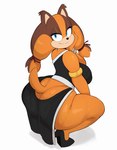 anthro big_breasts big_butt biped black_clothing breasts butt clothed clothing crouching eyelashes female footwear huge_butt looking_at_viewer looking_back orange_body pupils shoes simple_background smile solo tail thick_thighs three-quarter_view usnarbit sega sonic_boom sonic_the_hedgehog_(series) sticks_the_jungle_badger badger mammal mustelid musteline hi_res