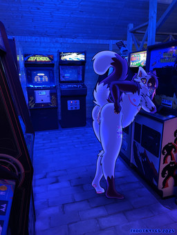 andromorph anthro anus arcade arcade_machine big_clitoris black_hair blacklight blush blush_lines butt claws clitoris finger_claws fur genitals glistening glistening_eyes glistening_genitalia hair hand_on_cheek hand_on_hip humanoid_genitalia humanoid_hands humanoid_vulva intersex leaning leaning_forward leaning_on_object looking_at_viewer mastectomy_scar nipples nude nude_anthro photo_background plantigrade presenting presenting_anus presenting_hindquarters presenting_vulva public public_exposure public_nudity raised_tail scar smile solo straight_hair tail thick_thighs tuft visibly_trans vulva white_body white_fur yellow_eyes yellow_sclera biological.pet conditional_dnp thistle_(frootbytes) domestic_cat felid feline felis mammal 2025 3:4 absurd_res digital_media_(artwork) hi_res mixed_media photography_(artwork) shaded nonbinary_(lore)