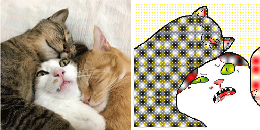 ambiguous_gender comparison eyes_closed fangs feral fur grey_body grey_fur group open_mouth pink_nose pink_tongue teeth tongue white_body white_fur keke_(artist) domestic_cat felid feline felis mammal animated frame_by_frame photography_(artwork) reference_image