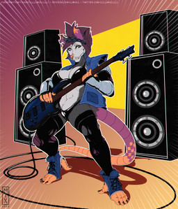 5_fingers 5_toes anthro armor bass_guitar black_body black_bra black_claws black_clothing black_fur black_legwear black_panties black_underwear blue_clothing blue_topwear blue_vest bra breasts claws clothed clothing countershade_torso countershading ear_piercing facial_piercing fangs feet female finger_claws fingerless_gloves fingers footwear front_view fur gauntlets gloves grey_body grey_countershading grey_fur guitar hair handwear holding_musical_instrument holding_object industrial_piercing kerchief leggings legwear looking_at_viewer multicolored_body multicolored_fur multicolored_tail musical_instrument nose_piercing nose_ring notched_ear panties piercing pink_nose pink_tail playing_music plucked_string_instrument prehensile_feet purple_body purple_eyes purple_fur purple_hair purple_tail ring_piercing septum_piercing shoes short_hair simple_background smile solo speaker standing string_instrument tail teeth text toe_claws toeless_footwear toeless_shoes toes topwear torn_clothing two_tone_tail underwear vest galacticmichi american_opossum mammal marsupial 2020 digital_media_(artwork) url