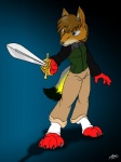 4_fingers 4_toes anthro black_body black_fur blue_eyes bottomwear brown_hair claws clothed clothing dipstick_tail feet fingers footwear fully_clothed fur grey_body grey_fur hair holding_melee_weapon holding_object holding_sword holding_weapon jacket legwear looking_aside male markings melee_weapon multicolored_tail orange_body orange_fur pants paws red_body red_fur short_hair socks solo sword sword_pointing tail tail_markings toeless_footwear toeless_socks toes topwear weapon white_body white_fur yellow_body yellow_fur catmonkshiro canid canine fox mammal 2012 3:4