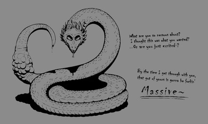 dialogue dirty_talk egg fangs female feral forked_tongue imminent_oviposition imminent_sex looking_at_viewer ovipositor profanity scales solo tail_ovipositor teeth text tongue panzerdancer squicky_zicky_(panzerdancer) reptile scalie snake 5:3 english_text monochrome story story_at_source story_in_description