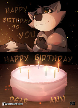 anthro areola biped birthday_cake black_nose bodily_fluids breasts cake crying dessert embers female fingers food fur green_eyes grey_body grey_fur grey_tail happy_birthday humanoid_hands markings nipples nude nude_female page_number pupils ring_(marking) ringed_tail smile solo standing striped_markings striped_tail stripes tail tail_markings tears tears_of_joy text argosornstein ann_coon_(hgoldenbell) mammal procyonid raccoon absurd_res comic english_text hi_res url