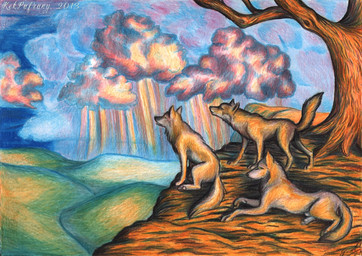 ambiguous_gender cloud digitigrade feral group outside plant quadruped rock storm sunset tail tree kekpafrany canid canine canis mammal wolf 2013 traditional_media_(artwork)