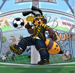 5_fingers antennae_(anatomy) anthro bee_stinger black_antennae black_clothing black_gloves black_handwear black_jacket black_sclera black_shirt black_tongue black_topwear blue_bottomwear blue_clothing blue_pants bottomwear brown_body brown_clothing brown_exoskeleton brown_footwear brown_shoes clothing curly_hair exoskeleton fingerless_gloves fingers footwear freckles fur gloves graffiti graffiti_on_wall hair half-closed_eyes handwear jacket kerchief male narrowed_eyes no_pupils orange_body orange_exoskeleton orange_fur outside pants pattern_clothing pattern_jacket pattern_shirt pattern_topwear pose shirt shoes soccer soccer_net socks solo sport striped_body striped_clothing striped_exoskeleton striped_jacket striped_shirt striped_topwear stripes tongue tongue_out topwear white_clothing white_eyes white_footwear white_kerchief white_socks yellow_clothing yellow_footwear yellow_jacket_(clothing) yellow_shirt yellow_shoes yellow_topwear zipper felino mundial_ronaldinho_soccer_64 quindim_(felino) arthropod bee hymenopteran insect 2026 hi_res