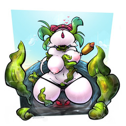 ambiguous_gender anthro big_breasts biped border breasts clothed clothing duo female female/ambiguous front_view green_hair hair hat headgear headwear heart_symbol monotone_body open_mouth outside panties partially_clothed partially_submerged plant red_sclera seaweed sex tail tentacle_sex tentacles text thick_thighs underwear water white_body white_border white_tail wide_hips flimshadow electronic_arts plants_vs._zombies popcap_games cattail_(pvz) elemental_creature flora_fauna 1:1 2023 artist_name digital_drawing_(artwork) digital_media_(artwork) hi_res