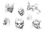 1_eye anthro axe bandage bone expressions faceless female mangled mask multiple_angles open_mouth scar scars_all_over skull skull_mask solo warrior wounded mikelocesterlanders canid canine canis mammal wolf censored headshot_portrait hi_res model_sheet monochrome portrait sketch