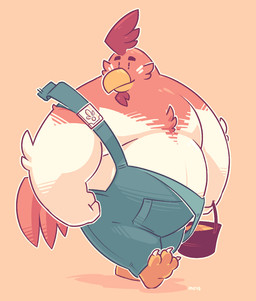 anthro belly biped clothing humanoid_hands male overalls overweight overweight_male solo white_body greenendorf avian bird chicken galliform phasianid 2015