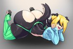 anthro big_butt black_body butt clothed clothing femboy fur huge_butt jockstrap leggings legwear looking_at_viewer lying male on_front smile solo thick_thighs thigh_highs underwear thecon desi canid canine canis domestic_dog mammal 2024 hi_res