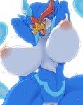 anthro barely_visible_genitalia barely_visible_pussy big_breasts blue_body blue_feathers breasts feathers female genitals huge_breasts looking_at_viewer nipples non-mammal_breasts nude puffy_nipples pussy red_body red_feathers solo white_body white_feathers tokumori_kaisen nintendo pokemon avian generation_9_pokemon pokemon_(species) quaquaval hi_res