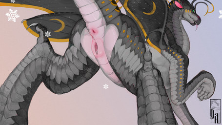 antennae_(anatomy) anus butt female female_feral feral festive genitals grey_body grey_scales long_neck moon pink_anus pink_vulva presenting presenting_hindquarters presenting_vulva raised_tail scales snowflake snowflake_background solo tail tail_anus thick_tail vulva yellow_body yellow_scales diorionarh mythology wings_of_fire haze_(hazesilkie) arthropod butterfly dragon insect lepidopteran mythological_creature mythological_scalie nightwing_(wof) scalie silkwing_(wof) absurd_res hi_res
