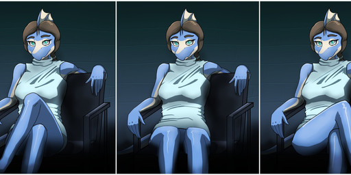 anthro barely_visible_genitalia barely_visible_vulva bedroom_eyes blue_body bodily_fluids bottomless bottomless_anthro bottomless_female breasts brown_hair chair clothed clothing crossed_legs duo eyewear female fingers frill_(anatomy) front_view furniture genitals glasses green_eyes hair humanoid_genitalia humanoid_hands humanoid_vulva long_hair male male/female medium_breasts narrowed_eyes nervous non-mammal_breasts pink_body purple_body seductive short_hair sitting smile sweat sweatdrop tan_body text upskirt vulva sebek_fereh_ra basic_instinct cavemanon_studios i_wani_hug_that_gator randy_payne sophia_payne dilophosaurid dilophosaurus dinosaur prehistoric_species reptile saurischian scalie spinosaurid spinosaurus theropod 2025 absurd_res artist_name colored hi_res sequence shaded
