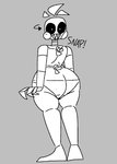 anthro beakless bib big_butt black_sclera blush blush_stickers butt clothing exclamation_point female floating_hair head_turn knot machine onomatopoeia panties sharp_teeth smile solo sound_effects teeth text underwear wide_hips qoolbunart five_nights_at_freddy's five_nights_at_freddy's_2 scottgames toy_chica_(fnaf) animatronic avian bird chicken galliform gallus_(genus) phasianid robot 2020 digital_media_(artwork) english_text full-length_portrait greyscale hi_res monochrome portrait