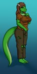 1:2 absurd_res anthro argonian beaverbastard big_breasts breasts brown_clothing brown_hair clothing female green_body green_scales hair hand_on_breast hi_res horn microsoft nel-tei_(golddrake) scales scalie solo tail the_elder_scrolls torn_clothing