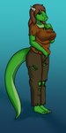 anthro big_breasts breasts brown_clothing brown_hair clothing female green_body green_scales hair hand_on_breast horn scales solo tail torn_clothing beaverbastard microsoft the_elder_scrolls nel-tei_(golddrake) argonian scalie 1:2 absurd_res hi_res