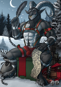 abs ankle_cuffs anthro armpit_hair beard black_armpit_hair black_beard black_facial_hair black_hair black_hooves black_pubes body_hair bottomwear brown_eyes bulge chest_hair clothed clothing cuff_(restraint) detailed_bulge facial_hair facial_piercing front_view fur genital_outline gift green_harness grey_body grey_fur hair harness holding_feather holidays hooves horn looking_at_viewer male male_anthro moon muscular muscular_anthro muscular_male nose_piercing nose_ring open_mouth outside pecs penis_outline piercing plant pubes red_bottomwear red_clothing red_harness red_underwear restraints ring_piercing septum_piercing septum_ring sitting sky snow snowing solo spread_legs spreading topless tree underwear white_body white_fur white_horn wrist_cuffs hufnaar christmas chai hornet_(hornetv2) krampus bovid caprine caprine_demon demon goat_demon mammal 2023 dated hi_res
