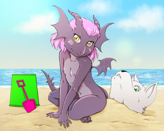 2_horns age_difference anthro areola back_wings beach biped black_nose breasts bucket buried buried_in_sand container day duo eyebrows feet female front_view grey_body hair horn larger_male looking_at_viewer lying male membrane_(anatomy) membranous_wings navel nipples non-mammal_breasts non-mammal_hair non-mammal_nipples nude older_male on_back outside pink_hair plantigrade sand sea sitting sitting_on_ground size_difference small_breasts small_wings smaller_female water white_body wings yellow_eyes young young_anthro young_female younger_female risingdragon mythology estrid nopast canid canine canis dragon mammal mythological_creature mythological_scalie scalie wolf 2025 5:4