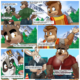anthro balls big_bulge big_butt big_muscles blue_eyes blush border bottomless bottomless_male brown_body brown_fur bulge butt clothed clothing collared_shirt dialogue fur genitals green_eyes grey_clothing grey_shirt grey_topwear group half-erect humanoid_genitalia humanoid_penis male mountain muscular muscular_male orange_eyes outside penis polo_shirt profanity pubes red_clothing red_shirt red_topwear safety_vest shirt speech_bubble tan_body tan_fur text topwear vest white_body white_border white_fur work_uniform yelling aaron_(artist) aiden_(aaron) dillon_(aaron) justin_(aaron) mathew_porter bear beaver lagomorph leporid mammal rabbit rodent ursine 2024 comic digital_media_(artwork) english_text hi_res url father_(lore) father_and_child_(lore) father_and_son_(lore) parent_(lore) parent_and_child_(lore) parent_and_son_(lore) son_(lore)
