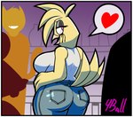 anthro beak border bottomwear breasts clothed clothing denim denim_bottomwear denim_clothing feathers female jeans male open_mouth pants white_border wings fourball five_nights_at_freddy's roommates:motha scottgames cheeky_(roommates) chica_(fnaf) avian bird chicken galliform gallus_(genus) phasianid 2021 digital_media_(artwork) hi_res