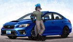 4_toes anthro barefoot blue_eyes blue_hair blue_pawpads bottomwear car claws clothing crossed_legs digitigrade feet gloves_(marking) gradient_background hair looking_aside male markings pants pawpads shirt simple_background solo sparkles teeth toes topwear vehicle mykegreywolf subaru subaru_wrx nimbus_(wcnimbus) canid canine canis fox hybrid mammal wolf 2021 absurd_res hi_res