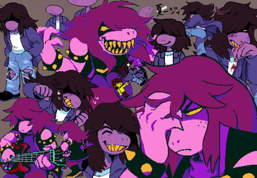 anthro blood blush bodily_fluids clothed clothing electric_guitar female guitar hair musical_instrument playing_guitar playing_music plucked_string_instrument simple_background smile solo string_instrument teeth gurukun deltarune undertale_(series) kris_dreemurr susie_(deltarune) human mammal reptile scalie 2018 digital_media_(artwork) pixel_(artwork)