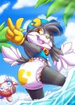 anthro black_body black_fur clean_diaper clothing cloud collar diaper fur furgonomics gesture hand_gesture hat headgear headwear looking_back male one_eye_closed open_mouth outside plant sky solo tree v_sign water young rexam-1 bandai_namco klonoa_(series) pac-man_(series) klonoa pac-man canid canine canis domestic_cat domestic_dog felid feline felis lagomorph leporid mammal rabbit waddling_head 2020 hi_res