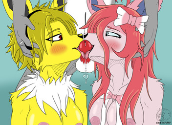 anthro balls black_nose blonde_hair blue_eyes breasts female female/female fur genitals grey_body grey_fur group hair licking male male/female nipples oral penile penis penis_lick pink_body pink_fur pink_hair red_eyes red_penis sex tongue trio white_body white_fur yellow_body yellow_fur allartskye nintendo pokemon jolyne_(allartskye) skye_(allartskye) sylvie_(allartskye) canid canine canis eeveelution generation_1_pokemon generation_6_pokemon jolteon mammal pokemon_(species) sylveon wolf hi_res