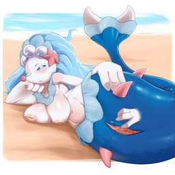 3_fingers beach blue_eyes blue_hair blush blush_lines bodily_fluids breasts disembodied_hand female fin fingers gem hair inverted_nipples lying navel nipples on_side pearl_(gem) solo spikes spikes_(anatomy) sweat sweatdrop tail tail_fin unimpressed psychostars nintendo pokemon generation_7_pokemon pokemon_(species) primarina 1:1 absurd_res hi_res