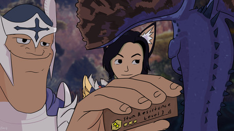 ambiguous_gender armor clothed clothing female feral fox_ears fully_clothed gameplay_mechanics group headgear headwear helmet human_focus legiana_armor male pauldron rear_view screencap screencap_background text trio sosis akakichi_no_eleven_redraw capcom monster_hunter bird_wyvern dinosaur human mammal prehistoric_species reptile scalie tzitzi-ya-ku 16:9 hi_res meme widescreen