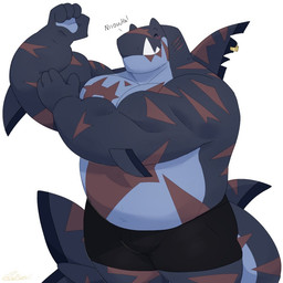 4_fingers ^_^ anthro black_bottomwear black_clothing black_shorts bottomwear clothed clothing dorsal_fin elbow_fin eyes_closed fangs fin fin_piercing fingers flexing flexing_bicep furgonomic_piercing furgonomics gills grey_body hand_on_arm male musclegut muscular muscular_arms navel non-mammal_navel pecs piercing scar scars_all_over shorts simple_background smile solo tail teeth three-quarter_view topless topless_anthro topless_male white_background same22shark nelson_(same22shark) aquatic fish shark 1:1 2022 digital_media_(artwork) signature