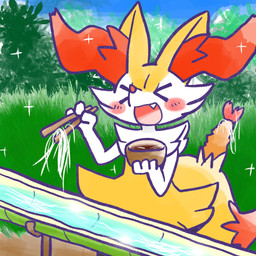 >o< ambiguous_anthro ambiguous_gender anthro bamboo biped chopsticks cute_fangs detailed_background dipstick_tail fangs food front_view markings nagashi_somen noodles object_in_tail open_mouth open_smile outside shrimp_(food) smile snout solo sparkles standing tail tail_markings teeth annyui0611 nintendo pokemon braixen canid generation_6_pokemon mammal pokemon_(species) 1:1 2024 digital_drawing_(artwork) digital_media_(artwork) half-length_portrait hi_res japanese_description portrait translated_description