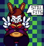 anthro breasts checkered checkered_background clothing female grin nipples overweight overweight_anthro overweight_female pattern_background simple_background smile solo teeth teeth_showing tempting_fate wardrobe_malfunction speedsmygame1 sega sonic_the_hedgehog_(series) fan_character hunin_the_rabbit lagomorph leporid mammal rabbit animated digital_media_(artwork) pixel_(artwork) pixel_animation short_playtime