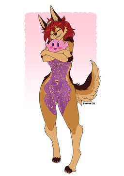 4_toes 5_fingers anthro biped breasts brown_body brown_fur brown_tail claws clenched_teeth ear_piercing eyes_closed feet female fingers front_view fur hair navel nude nude_anthro nude_female piercing red_hair simple_background smile solo standing tail teeth toe_claws toes foxovh kirby_(series) nintendo ayn_(fluff-kevlar) kirby canid canine canis jackal mammal 2025 digital_drawing_(artwork) digital_media_(artwork) hi_res