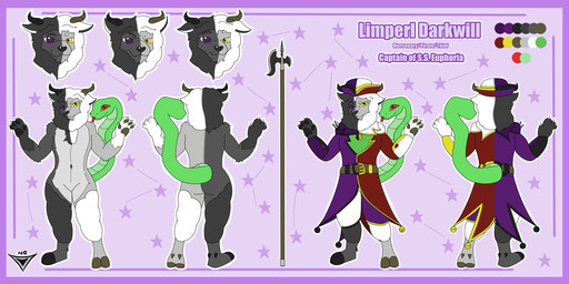 anthro bell clothing duality fur halberd hat headgear headwear hooves horn jester_outfit living_tail male melee_weapon multicolored_body multicolored_fur pawpads paws polearm purple_eyes raised_tail snake_tail solo tail unusual_anatomy unusual_tail weapon wool_(fur) yellow_eyes limperl chimera humanoid reptile scalie snake absurd_res hi_res model_sheet