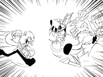 anthro bloodshot_eyes clothed clothed_human clothing duo fight fully_clothed fully_clothed_human hook hook_hand imminent_fight male rag_doll_(toy) tongue tongue_out r1z0to five_nights_at_freddy's five_nights_at_freddy's_4 five_nights_at_frickbear's_(series) five_nights_at_frickbear's_3 scottgames fritz_smith fritz_smith_(frickbear's) nightmare_foxy_(fnaf) nightmare_foxy_(frickbear's) canid canine fox human mammal robot_anthro 4:3 digital_media_(artwork) monochrome sketch