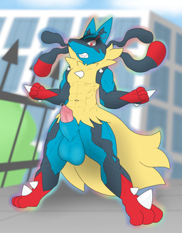 angry animal_genitalia animal_penis anthro balls big_balls big_penis blue_body blue_fur bodily_fluids canine_genitalia canine_penis city dreadlocks fangs fur genital_fluids genitals glowing glowing_eyes grey_body grey_fur half-erect huge_balls leaking_precum male muscular muscular_anthro muscular_male navel outside penis precum red_body red_eyes red_fur sheath solo spikes spikes_(anatomy) standing tan_body tan_fur teeth kamek_sans nintendo pokemon canid canine generation_6_pokemon mammal mega_evolution mega_lucario pokemon_(species) hi_res