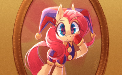 blue_eyes clothing female feral fool's_hat fur gloves handwear hat headgear headwear jester mirror reflection solo unusual_eyes yellow_body yellow_fur candy_meow candymeow333 friendship_is_magic glitch_productions hasbro my_little_pony the_amazing_digital_circus fluttershy_(mlp) pomni_(tadc) equid equine mammal hi_res