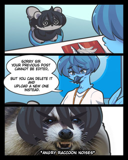 angry anthro black_hair blue_body blue_eyes blue_feathers chibi dialogue duo feathers female hair humor size_difference speech_bubble text butter_sugoi hellaverse helluva_boss twitter butter_sugoi_(character) loona_(helluva_boss) tweetfur avian mammal procyonid raccoon english_text hi_res meme