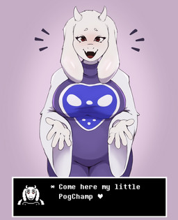 anthro blush breasts eye_contact female inviting inviting_viewer looking_at_another looking_at_viewer outstretched_arm smile solo text duckerzzart undertale_(series) toriel bovid caprine goat mammal english_text hi_res meme