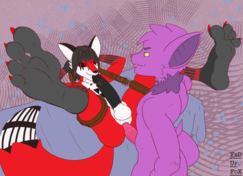 4_toes anal anthro balls bdsm big_penis bondage bound claws duo feet foot_focus fur genitals hands_behind_head licking lying male male/male markings multicolored_body neck_tuft nude on_back pattern_background penis purple_body purple_fur red_body red_fur self_lick sex_swing simple_background smile smirk soles toe_claws toes tongue tongue_out tuft two_tone_body fedupfox r'hed_skulker bat canid canine demon fox mammal