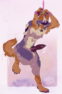 anthro balls bdsm bodily_fluids bondage bound erection eyes_closed fur genital_fluids genitals knot knotted_penis male nude nude_anthro penis precum purple_body purple_fur restraints rope rope_bondage secretly_loves_it solo struggling sweat tail tail_motion tailwag felilune kinksiyo bolero_(character) canid canine canis coyote mammal hi_res
